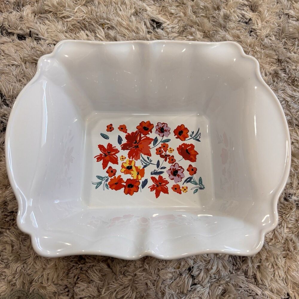 PIONEER WOMAN Style Oven To Table Casserole Dish Floral Pattern Red Baking